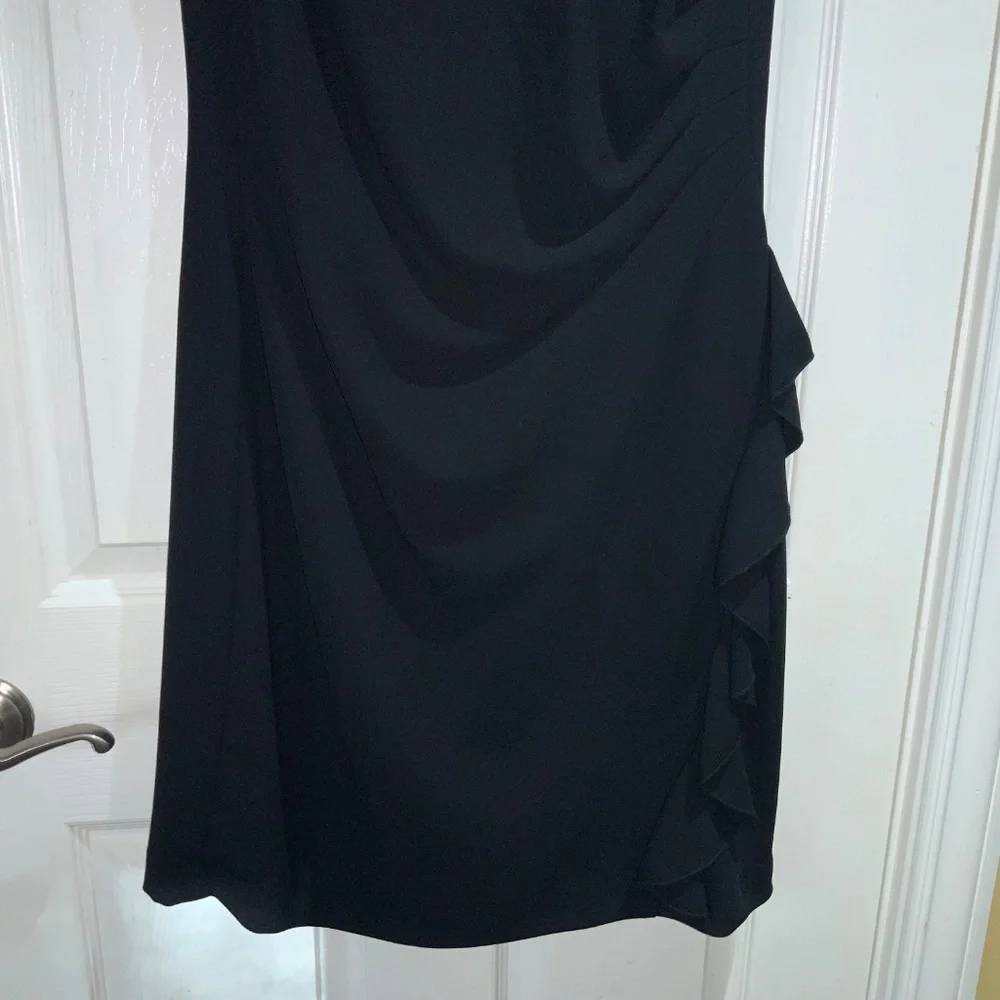 Tahari ASL sheath dress Sz 14P sleeveless side ruffle detail Little Black Dress - Picture 2 of 9
